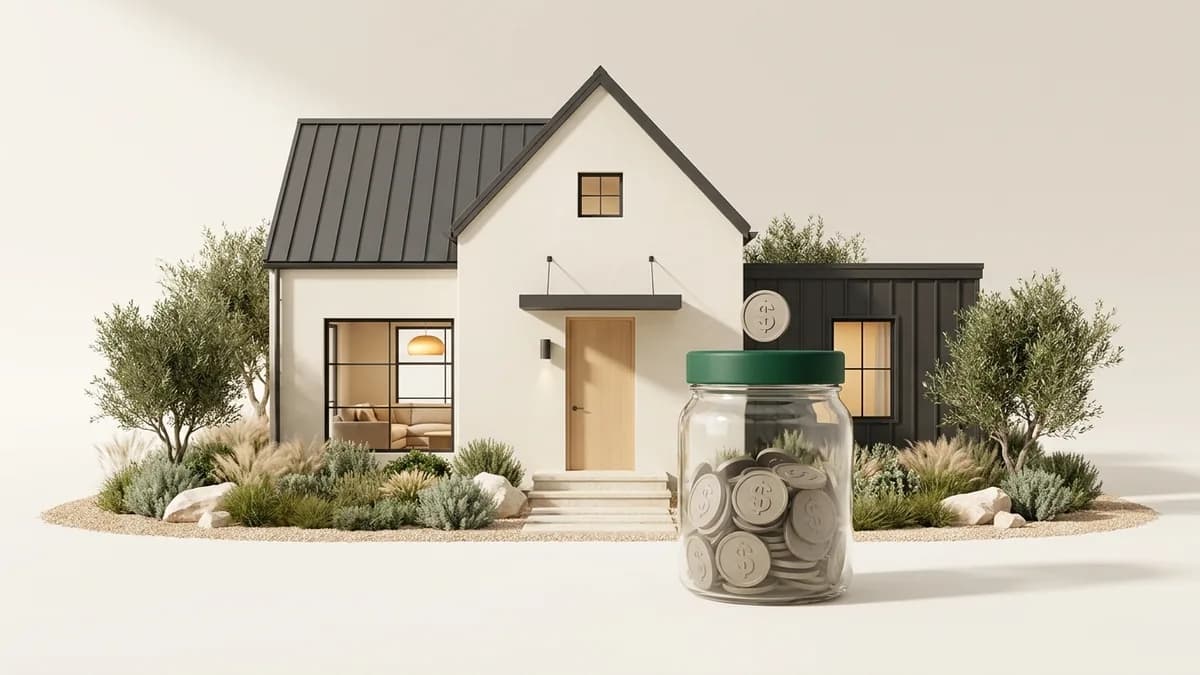 Illustration of a small house behind a glass jar filling with dollar coins.