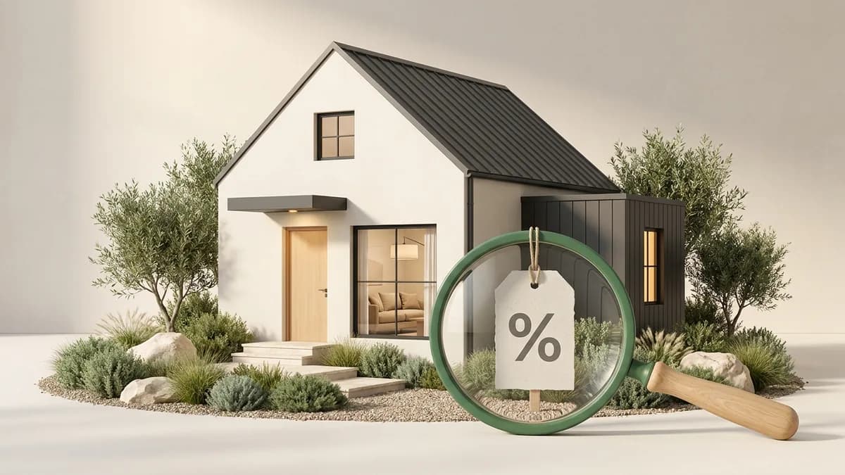 Illustration of a small house with a magnifying glass held over a price tag marked with a percent sign.