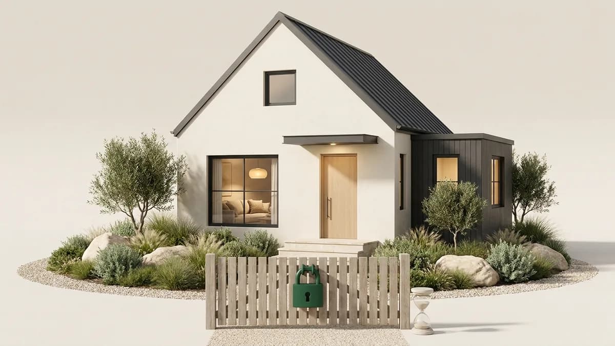 Illustration of a small house behind a garden gate fastened with a green padlock, beside a small hourglass.
