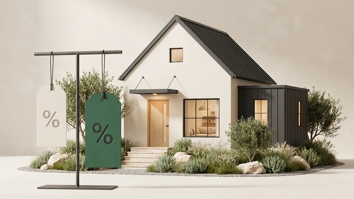 Illustration of a small house beside two hanging price tags marked with a percent sign, the green one slightly larger.