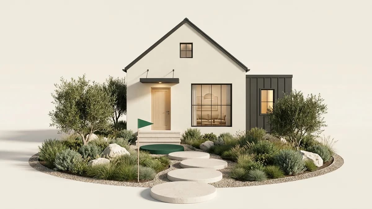 Illustration of a stepping-stone path leading to a small house's front door, ending at a green stone and flag.