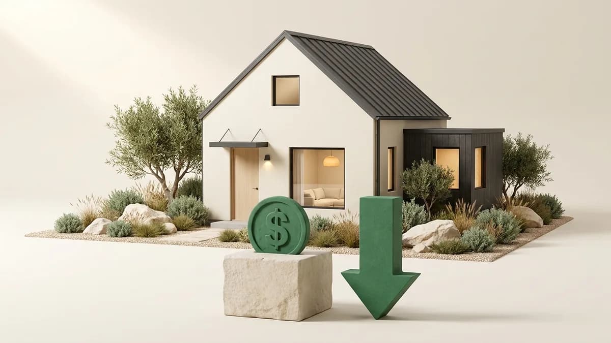 Illustration of a small house with a green coin marked with a dollar sign beside a large green arrow pointing down.