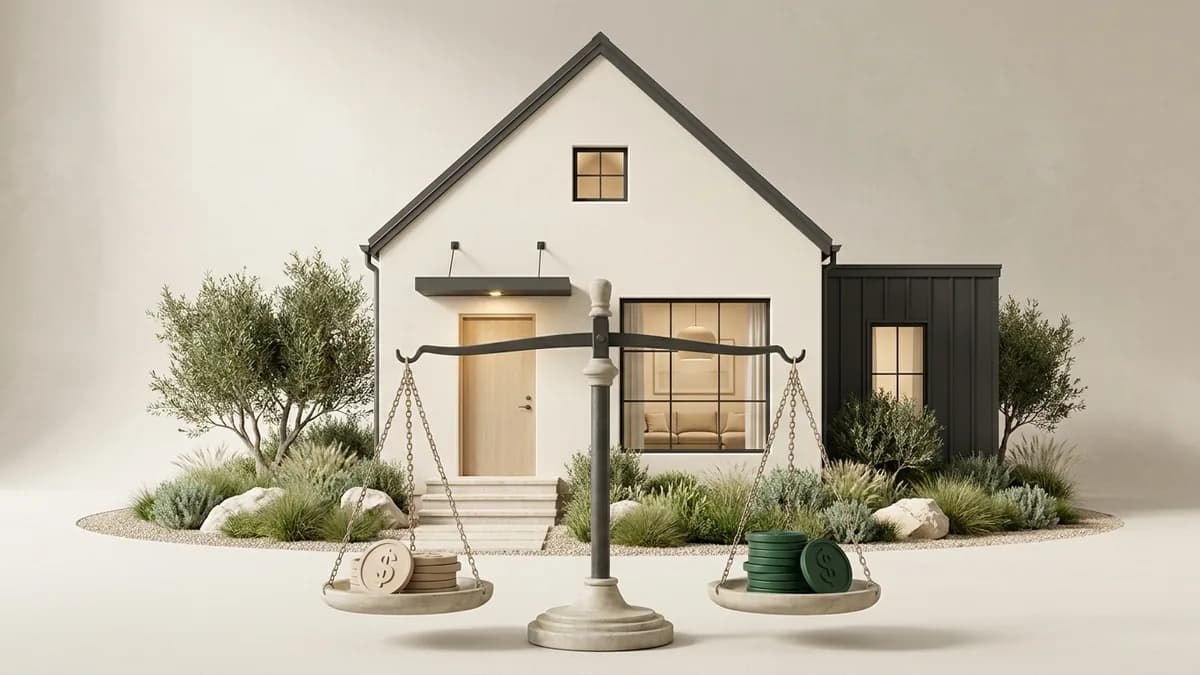 Illustration of a small house behind a level balance scale holding a stack of dollar coins in each pan.