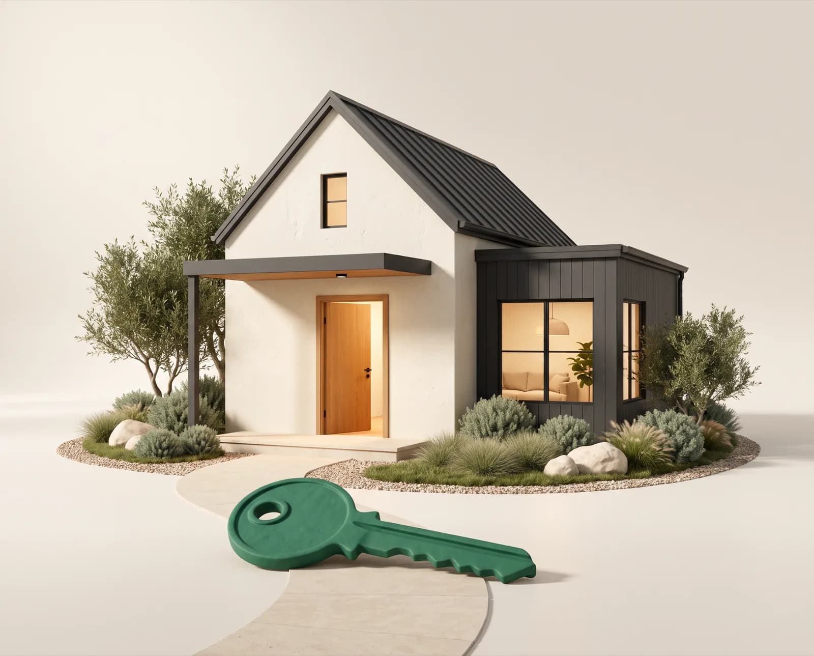 Illustration of a small house with a large green key lying on the front path